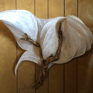 Illuminated sculpture with cholla wood branch base and clouds of white paper over reed