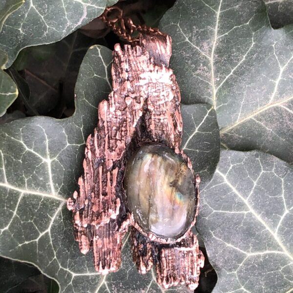electroformed copper plated bark with labradorite pendant