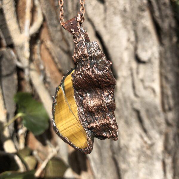 electroformed copper plated wood with tiger eye pendant