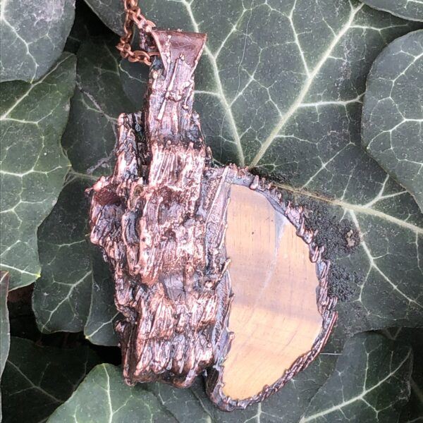electroformed copper plated wood with tiger eye pendant