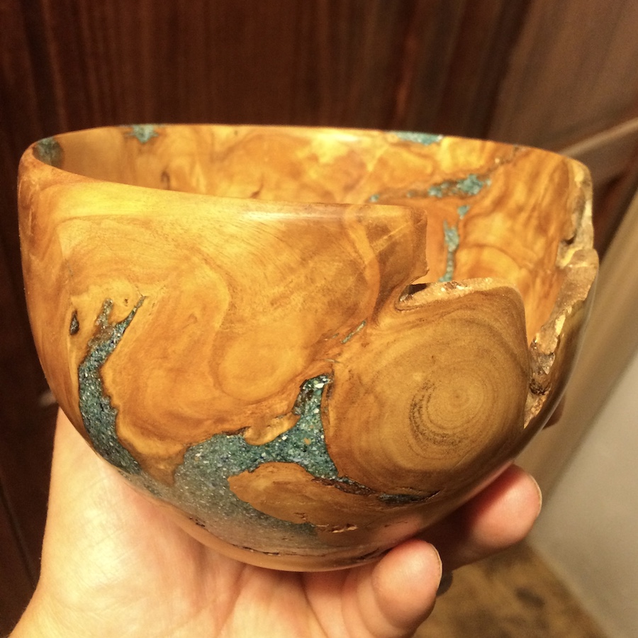 lathe turned burl bowl with inlay